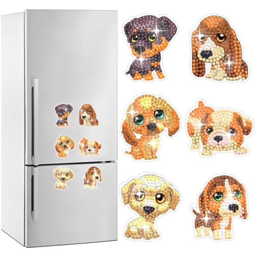 ENCOMAG Diamond Painting Kühlschrank Magnete,6 Stück Hund Diamant Painting Bastelset für Kinder Ab 6-12 Jahre,Diamant Malerei Kühlschrankmagnete für Whiteboard,Magnete Kühlschrank, Magnettafel von ENCOMAG