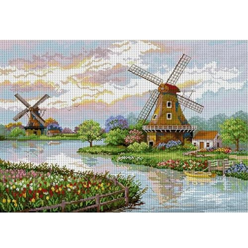 ENCOMAG Großes Kreuzstich-Set, Motiv: holländische Windmühle, Kreuzstich-Set für Erwachsene und Anfänger, komplettes Sortiment an Kreuzstich-Stempel-Kits, Handarbeiten für Heimdekoration, 70 x 55 cm von ENCOMAG