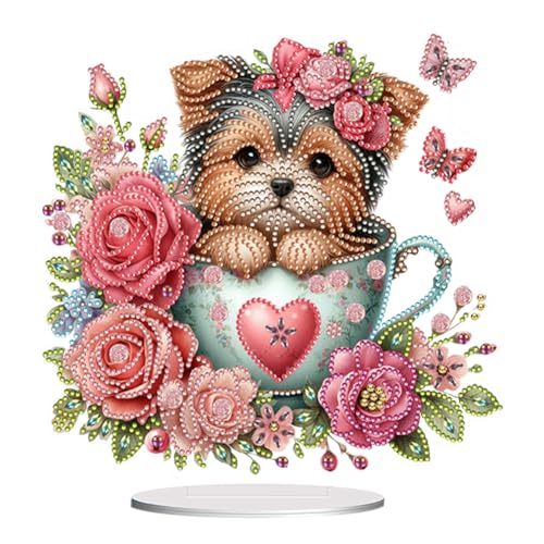 ENCOMAG Hund DIY Diamond Painting Tisch Deko, Teetasse Welpe 5D Diamant Painting Ornamente, Acryl Diamant Malerei Stehend Kunst Set, Festliches Geschenk Hausgeschenk von ENCOMAG