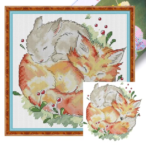 ENCOMAG Kreuzstich-Set mit Fuchs-Hasen-Prägung für Erwachsene und Anfänger, DIY-Kreuzstich-Set, bedruckte Nadelspitzen-Kits, Bastel-Sticksets für Heimdekoration, 27 x 27 cm von ENCOMAG