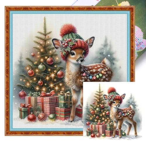 ENCOMAG Kreuzstich-Set, Schneemann, Hirsch, Anfängerfreundlich, Weihnachtsbaum, Winter, 30 x 30 cm, Erwachsene von ENCOMAG