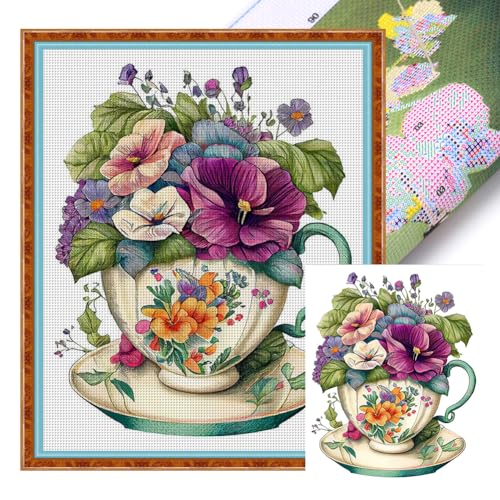 ENCOMAG Kreuzstich-Stickset mit Teetassen-Blume, 18 Karat, geprägt, vorgedruckt, für Erwachsene, Anfänger, Anfänger, einfaches Kreuzstichmuster-Set, Wanddekoration, 20 x 25 cm von ENCOMAG