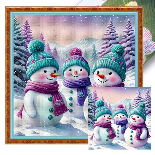 ENCOMAG Vorgedrucktes Kreuzstich-Set für Erwachsene, Anfänger, Schneemann, 11-fädig, gestempelt, einfaches Stickset mit bedrucktem Stoff, DIY, handgemachtes Handarbeitsset, 40 x 40 cm von ENCOMAG