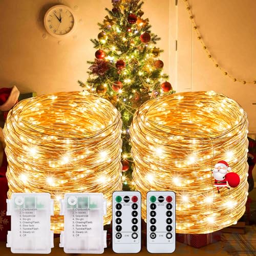 ENCOUN Lichterkette Außen Batterie, 2x12M 120LED Lichterkette Batterie, 8 Modi IP67 Lichterkette Aussen Batterie Wasserdicht, Warme Farbe Led Lichterkette für Halloween, Weihnachten, Hochzeit Deko von ENCOUN