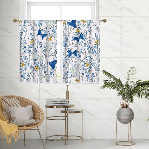 ENEN 2 Stück Blumen Kurzgardine Wohnzimmer Küchen, Kurzer Vorhang Fenster Durchscheinend Fenstergardinen, Bistrogardine Stab Tasche Halbe Fenster Behandlung für Home Decor (Blau1,107x80cm) von ENEN