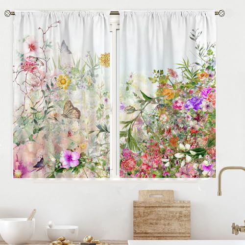 ENEN 2 Stück Blumen Kurzgardine Wohnzimmer Küchen, Kurzer Vorhang Fenster Durchscheinend Fenstergardinen, Bistrogardine Stab Tasche Halbe Fenster Behandlung für Home Decor (Garten,107x80cm) von ENEN