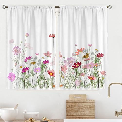 ENEN 2 Stück Blumen Kurzgardine Wohnzimmer Küchen, Kurzer Vorhang Fenster Durchscheinend Fenstergardinen, Bistrogardine Stab Tasche Halbe Fenster Behandlung für Home Decor (Lila,107x80cm) von ENEN