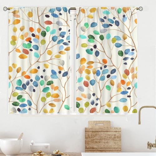 ENEN 2 Stück Blumen Kurzgardine Wohnzimmer Küchen, Kurzer Vorhang Fenster Durchscheinend Fenstergardinen, Bistrogardine Stab Tasche Halbe Fenster Behandlung für Home Decor (Regenbogen,107x80cm) von ENEN