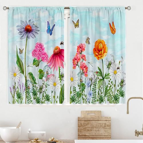 ENEN 2 Stück Blumen Kurzgardine Wohnzimmer Küchen, Kurzer Vorhang Fenster Durchscheinend Fenstergardinen, Bistrogardine Stab Tasche Halbe Fenster Behandlung für Home Decor (Schmetterling,107x80cm) von ENEN