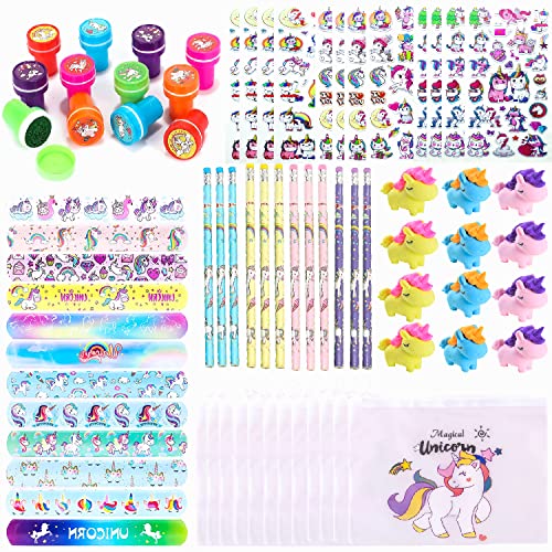 ENIKMOSD 72 Stück Einhorn Party Mitgebsel Kindergeburtstag Gastgeschenke Kinder,Einhorn Radiergummi,Stempel,Bleistift,Slap Armband,Aufkleber,Schreibwarentasche,Geschenktüten für Mädchen Jungen von ENIKMOSD