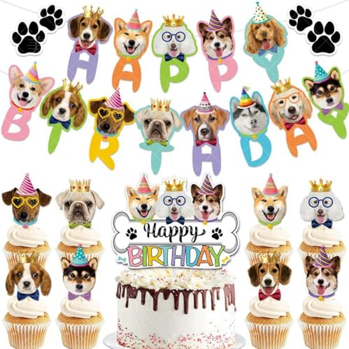 ENIXWH Hund Party Deko Partygeschirr Girlande Cupcake Toppers Dekoration mit Happy Birthday Banner Tortendeko für Kinder Dog Party Dekorationen von ENIXWH