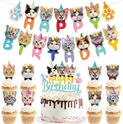 ENIXWH Katze Party Deko Partygeschirr Girlande Cupcake Toppers Dekoration mit Happy Birthday Banner Tortendeko für Kinder Cat Party Dekorationen von ENIXWH