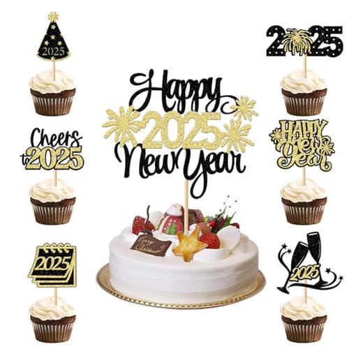 ENLACE 2025 Tortendeko Neujahr,13 Stück Glitzer Cake Topper Happy New Year 2025,Kuchendeko Silvester Deko 2025,Happy New Year Tortendeko Schwarz Gold,2025 Torten Topper Neujahr für Silvester Party von ENLACE