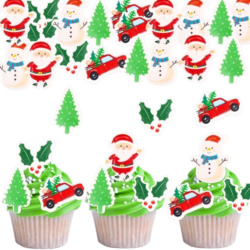 ENLACE Essbare Tortendeko Weihnachten,48 Stück Cupcake Topper Weihnachten,Kuchen Deko Weihnachten Essbar,Essbare Weihnachtsdeko Torte,Esspapier Weihnachten Muffin Deko Essbar,Christmas Cake Decoration von ENLACE