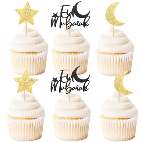 ENLACE Eid Mubarak Tortendeko 25 Stück Glitzer Eid Mubarak Kuchen Deko,Ramadan Cupcake Topper Muslimische,Sterne Mond Cake Topper Eid Deko,Eid Mubarak Muffin Deko für Eid Islamische Party Ramadan Deko von ENLACE