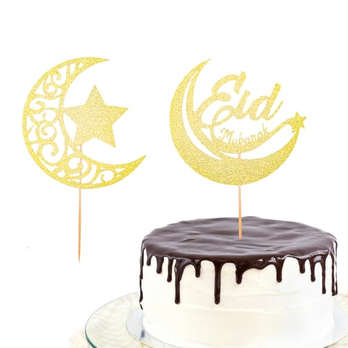 ENLACE Eid Mubarak Cake Topper,2 Stück Eid Mubarak Tortendeko Gold,Glitzer Ramadan Deko Torten,Eid Mubarak Kuchen Deko,Stern Mond Kuchen Topper Muslimische Party Deko für Eid Islamische Party Deko von ENLACE