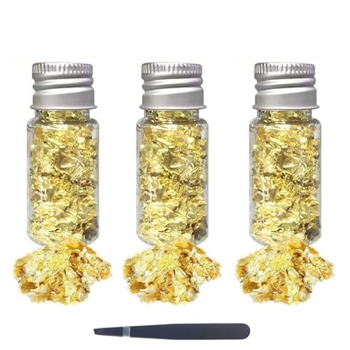 ENLACE 3 Flaschen Blattgold Flocken,Blattgold zum Basteln,Blattgoldblätter Handwerk Dekoration,Goldfolie Papier Dekorfolie Multifunktions,Goldfolie Flocken zum Vergolden Malerei Nägel Schmuck DIY von ENLACE