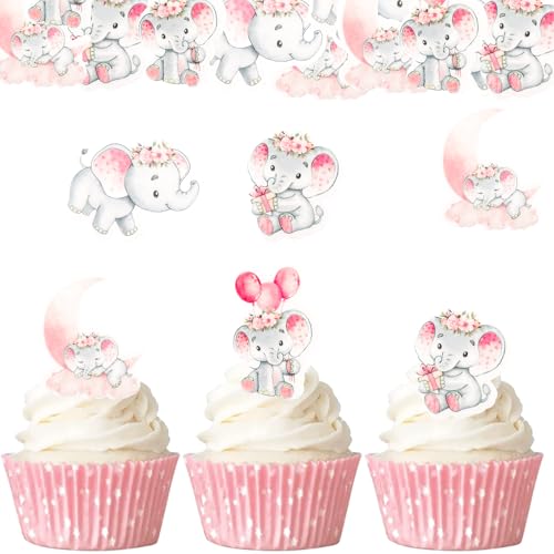 ENLACE Essbare Elefant Tortendeko Baby Mädchen,40 Stk Essbare Baby Tortendeko Rosa,Cupcake Topper Baby,Esspapier Elefant Kuchen Deko Babyparty Mädchen,Muffin Deko Baby Shower Deko Girl,Baby Girl Deko von ENLACE