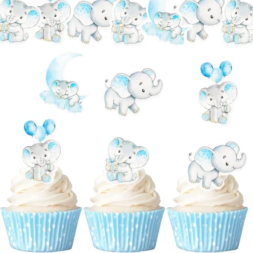 ENLACE Essbare Elefant Tortendeko Babyparty Deko Junge,40 Stück Kuchen Deko Babyparty Junge Essbar,Cupcake Topper Baby,Esspapier Elefant Cake Topper Taufe Junge,Blue Gender Reveal Tortendeko Essbar von ENLACE