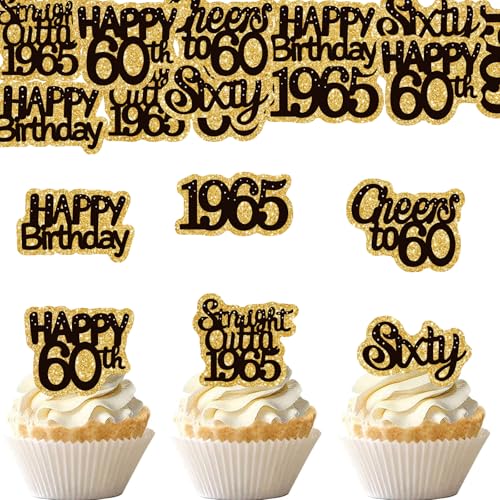 ENLACE Essbare Tortendeko 60 Geburtstag Mann Frau,48 Stk Cupcake Topper 60 Geburtstag Deko Torte Essbar,Esspapier 60 Geburtstag Kuchendeko 1965 Geburtstag Frau,Muffin Deko 60 Geburtstag Cake Topper von ENLACE