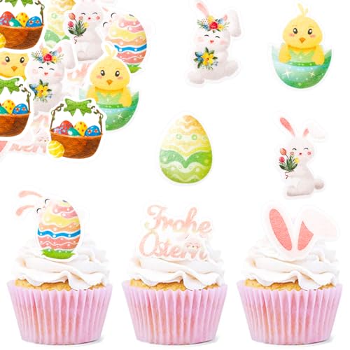 ENLACE Essbare Tortendeko Ostern,48 Stück Frohe Ostern Tortendeko,Hase Kuchen Deko Ostern Essbar,Esspapier Ostern Cupcake Deko,Ostern Muffin Deko Essbar,Kuchendeko Ostern,Cake Topper Ostern Essbar von ENLACE