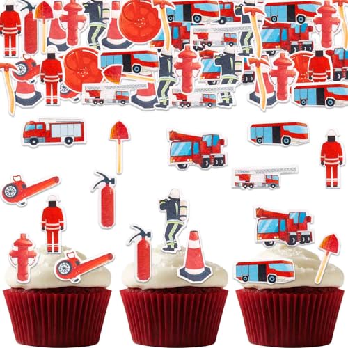 ENLACE Essbare Tortendeko Feuerwehr,80 Stück Essbare Feuerwehrauto für Torte,Feuerwehr Kuchen Deko Essbar,Essbare Feuerwehrmann Cupcake Toppers Geburtstag,Feuerwehr Deko Kindergeburtstag Muffin Deko von ENLACE