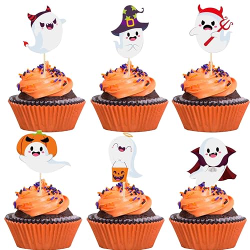 ENLACE Geister Tortendeko Halloween,24 Stück Ghost Cupcake Toppers,Geister Cupcake Deko Halloween,Kuchen Deko Halloween Horror Deko,Lustige Geister Muffin Deko Halloween Motto Partyzubehör von ENLACE