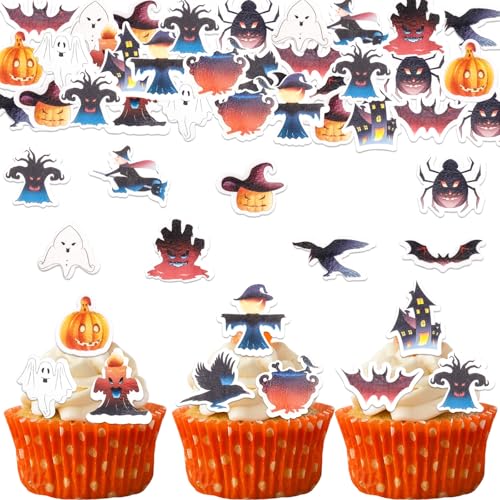 ENLACE Essbare Tortendeko Halloween,48 Stück Essbare Halloween Deko Kuchen,Halloween Muffin Deko Essbar,Fledermaus Cupcake Topper,Halloween Essbare Deko Torte,Halloween Kuchen Deko Essbar von ENLACE