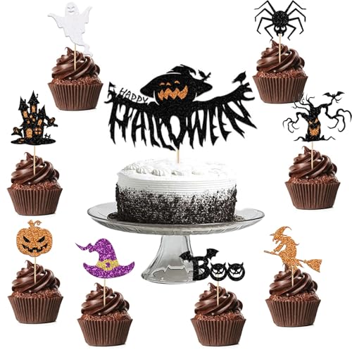 ENLACE Halloween Tortendeko,17 Stück Halloween Cake Topper,Halloween Kürbis Kuchendeko,Halloween Deko Kuchen,Spinne Cupcake Toppers,Hexe Halloween Muffin Deko,Geister Halloween Horror Deko von ENLACE