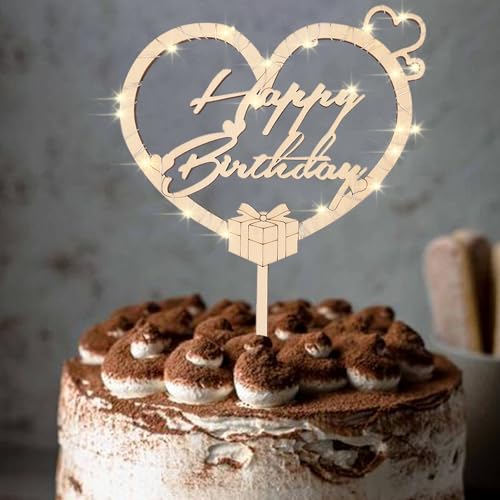 ENLACE Happy Birthday Cake Topper Holz mit LED Lichterkette,Happy Birthday Tortendeko Geburtstag Holz,Herz Kuchendeko Geburtstag für Mädchen Jungen Frauen Mann,Cake Topper Geburtstag Deko,16,5x25cm von ENLACE