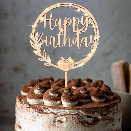 ENLACE Happy Birthday Tortendeko aus Holz mit LED Lichterkette,Happy Birthday Cake Topper,Kuchen Deko Geburtstag Jungen Mädchen Frauen Mann,Kuchen Topper Geburtstag,Größe 16x24cm von ENLACE