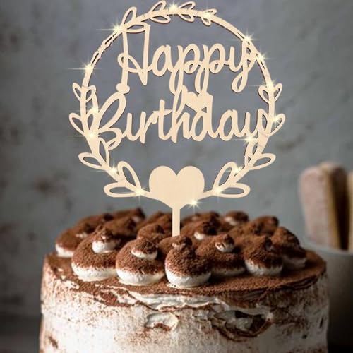 ENLACE Holz Cake Topper Geburtstag mit LED Lichterkette,Happy Birthday Tortendeko Geburtstag Mann Frauen Jungen Mädchen,Happy Birthday Kuchen Deko,Kuchendeko Geburtstag,Geburtstagstorte Deko, 16x24cm von ENLACE