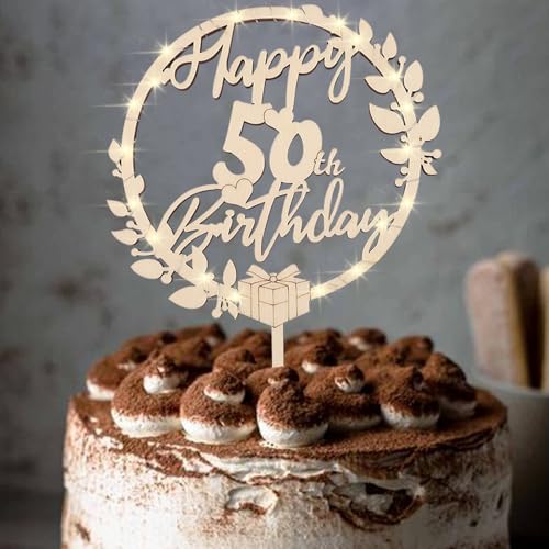 ENLACE Holz Tortendeko 50 Geburtstag Frau Mann,Happy 50th Birthday Cake Topper 50 Geburtstag mit LED Lichterkette,Holz Deko Torte 50 Geburtstag,Kuchendeko 50 Geburtstag,Kuchen Topper Geburtstag 50 von ENLACE