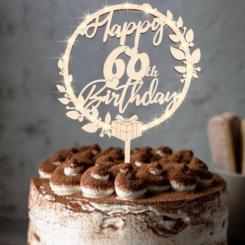 ENLACE Tortendeko 60 Geburtstag Frau Mann,Holz Cake Topper 60 Geburtstag Deko mit LED Lichterkette,60 Geburtstag Kuchendeko,Happy 60th Birthday Deko Torten Holz,Torten Topper 60 Jahre Größe 16x24cm von ENLACE