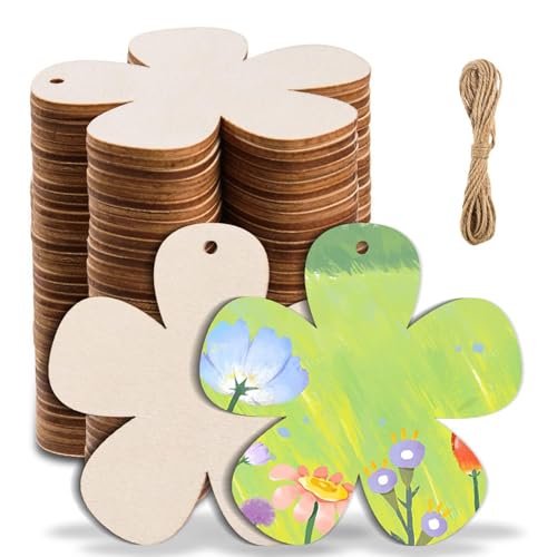 ENLACE Holzblumen, 20 Stück Holz Blumen Scheiben mit Schnur, 7,5 cm Holzblumen zum Bemalen, Naturholzscheiben zum Basteln, für DIY Handwerk Scrapbooking Weihnachtsbaum Anhänger von ENLACE