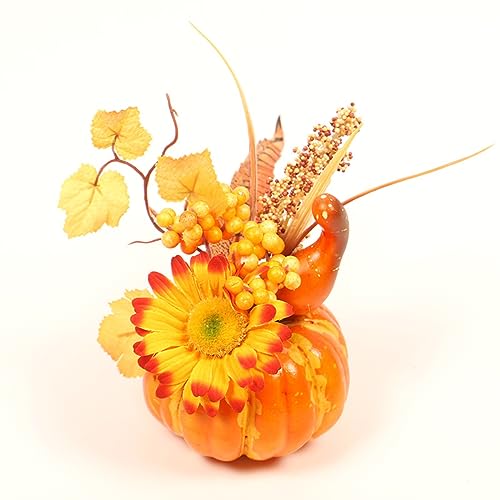 ENLACE Kürbis Deko, Künstliche Kürbis-Dekorationen, mit Sonne Blume und Gelb Gebogene Melone, Kürbis Tischdekoration für Halloween Erntedankfest Thanksgiving Herbst Dekoration von ENLACE