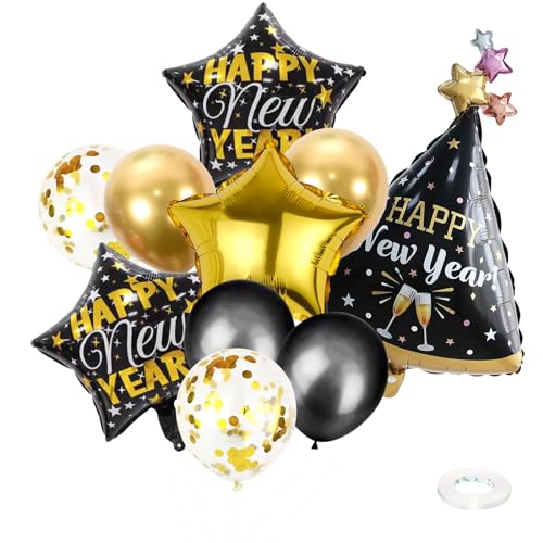 ENLACE Silvester Deko 2025 Luftballons Set,10 Stück Happy New Year Folienballon,Neujahr Silvesterdeko,Schwarz Gold Ballon Happy New Year Party Supplies von ENLACE