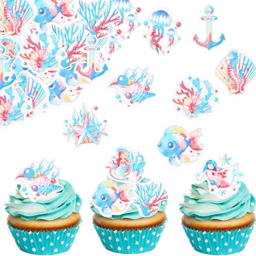 ENLACE Essbare Meerjungfrau Tortendeko,Essbar Kuchen Deko Meerjungfrau,46 Stück Meerjungfrau Deko Torten,Meerjungfrauen Geburtstag Deko,Ocean Theme Cupcake Topper Essbar für Mermaid Party Supplies von ENLACE