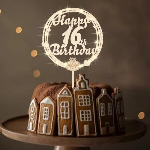 ENLACE Holz Tortendeko 16 Geburtstag Junge Mädchen,Kuchen Deko 16 Geburtstag Junge mit LED Lichterkette,Happy 16th Birthday Cake Topper,Tortendeko Geburtstag 16 Jahre,16 Geburtstag Deko von ENLACE