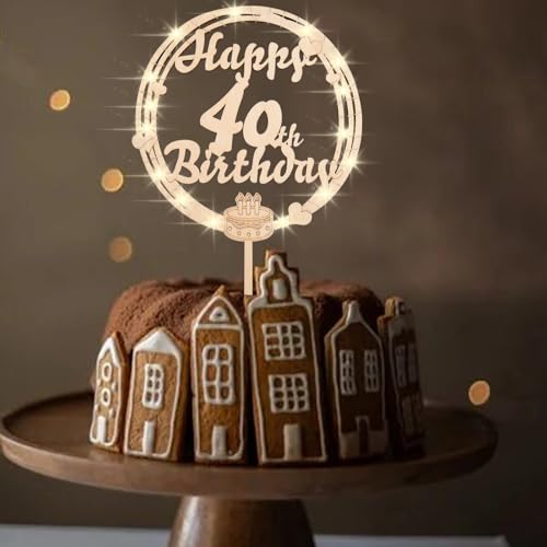 ENLACE Tortendeko 40 Geburtstag Mann Frau,Cake Topper 40. Geburtstag Holz mit LED Lichterkette,Torten Deko 40. Geburtstag Männer,Happy 40th Birthday Topper,Kuchendeko 40. Geburtstag Frauen Männer von ENLACE