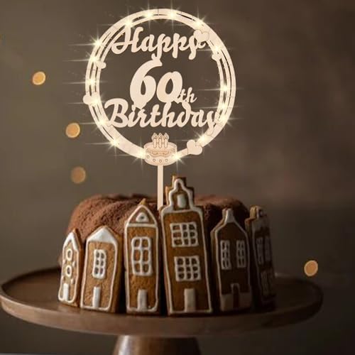 ENLACE Cake Topper 60 Geburtstag aus Holz,Tortendeko 60 Geburtstag Mann Frau,Kuchendeko zum 60 Geburtstag Deko mit LED Lichterkette,Holz 60 Geburtstag DekoTorten,Happy 60th Birthday Cake Topper von ENLACE