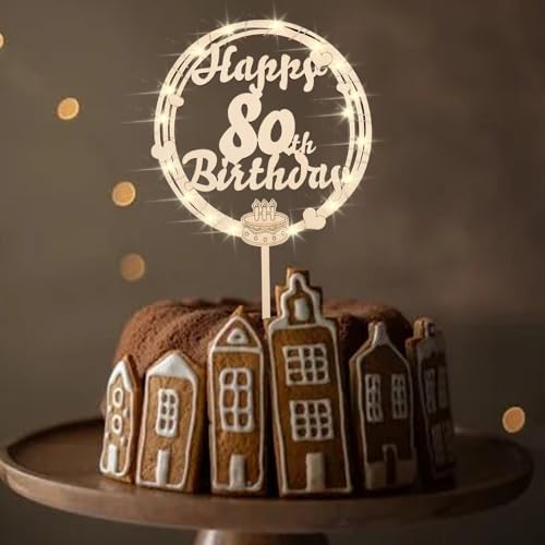 ENLACE Tortendeko 80 Geburtstag Mann Frau,Cake Topper 80 Geburtstag mit LED Lichterkette,Kuchendeko 80. Geburtstag Frau,80 Geburtstag Deko Holz,Torten Deko zum 80. Geburtstag Mann,Torten Topper 80 von ENLACE