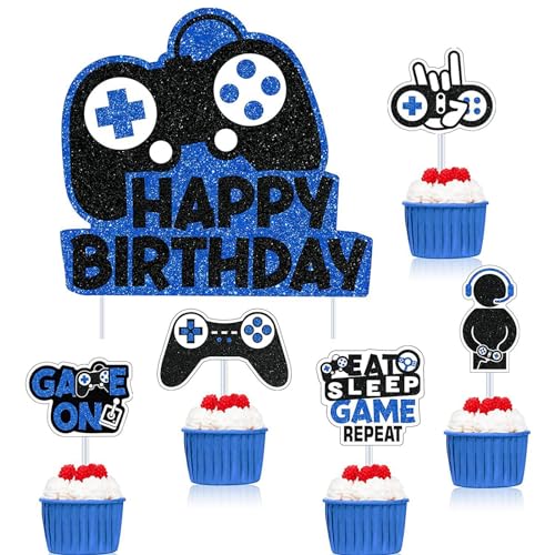 ENLACE Videospiel Tortendeko Geburtstag Junge,6 Stück Happy Birthday Cake Topper Blau,Glitzer Gaming Kuchen Deko,Tortendeko Videospiel,Gamer Deko für Torte zum Kindergeburtstag Spiel Thema Party von ENLACE