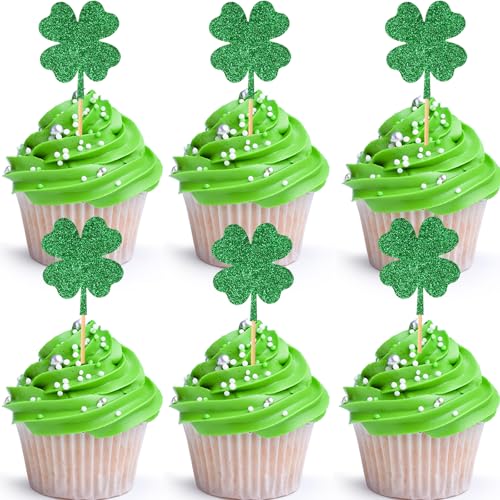 ENLACE Vierblättriges Kleeblatt Tortendeko,24 Stück Happy St. Patricks Day Cupcake Topper,Glitzer Kleeblatt Muffin Deko,Vierblättriges Kleeblatt Kuchendeko,Cupcake Topper für St. Patricks,Geburtstag von ENLACE