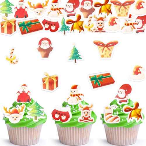 ENLACE Tortendeko Weihnachten Essbar,48 Stück Essbare Kuchen Deko Weihnachten,Weihnachten Cupcake Topper Essbar,Esspapier Weihnachten Muffin Deko Essbar,Essbare Weihnachten Weihnachten Party Deko von ENLACE