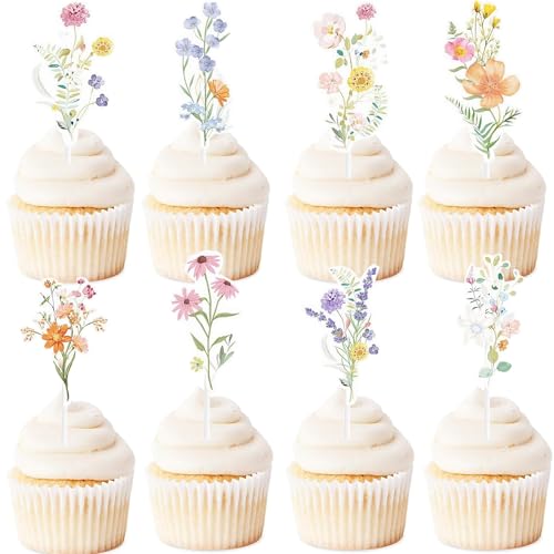 ENLACE Wildblumen Tortendeko Geburtstag Blumen Deko Torte,36 Stück Blumen Cupcake Topper Babyparty Mädchen Junge,Wildblumen Cake Topper Baby,Blumen Muffin Deko für Geburtstag Hochzeit Taufe Babyshower von ENLACE