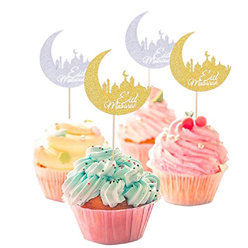 24 Stück Eid Mubarak Topper Mubarak Ramadan Tortendeko Gold und Silber Eid Mubarak Cupcake Toppers Ramadan Deko von ENSTAB