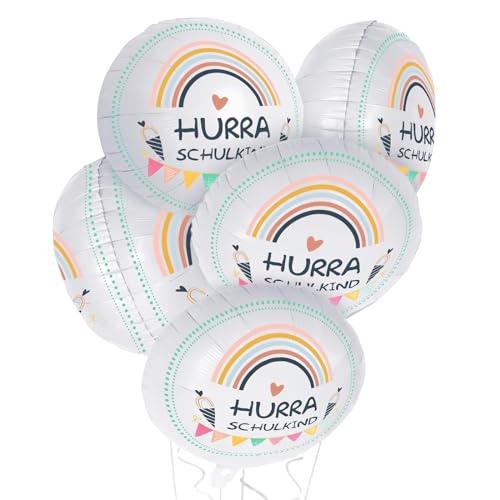 5 Stück Einschulung Folienballon Deko HURRA SCHULKIND Luftballons Schulanfang Dekoration für Schulkind Jungen Mädchen(5 Stück-Round) von ENSTAB