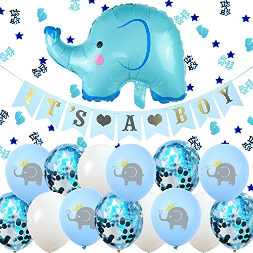 Babyparty Deko Junge It's A Boy Girlande Elefant Luftballons Blau mit IT'S A BOY Konfetti für Taufe Deko Junge Baby Geburtstag Dekoration von ENSTAB