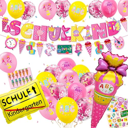 Einschulung Deko Mädchen 2024 Schulkind Banner Rose Luftballons Schulanfang Mädchen Einschulung Deko set(Schulkind-Rosa) von ENSTAB